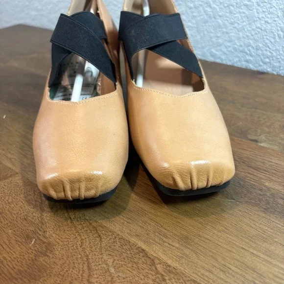 PuDing Block Heel Pumps Elastic Strap Square Toe Tan Shoes size 36 - Picture 4 of 10